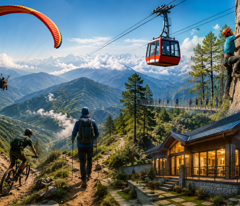 Adventure activities in Mussoorie with trekking, paragliding, mountain biking, and a luxury mountain stay.