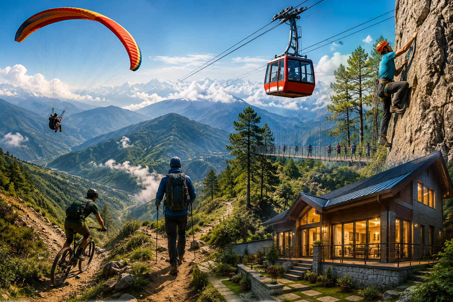 Adventure activities in Mussoorie with trekking, paragliding, mountain biking, and a luxury mountain stay.