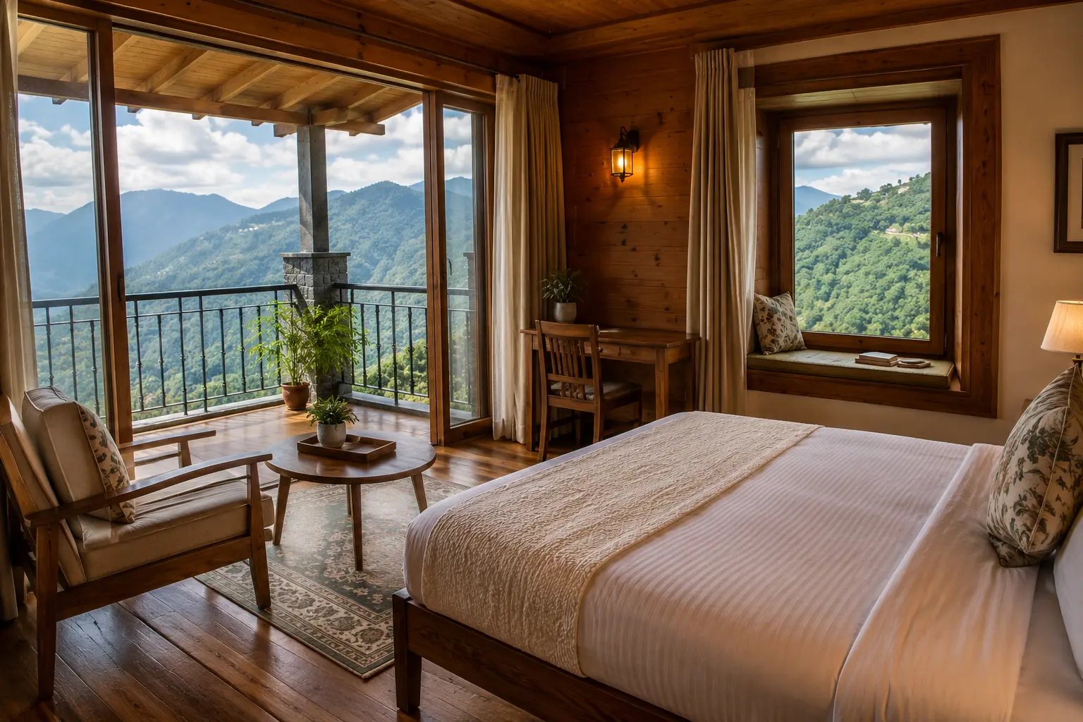 Best Homestay in Mussoorie with a cozy bedroom and scenic mountain views