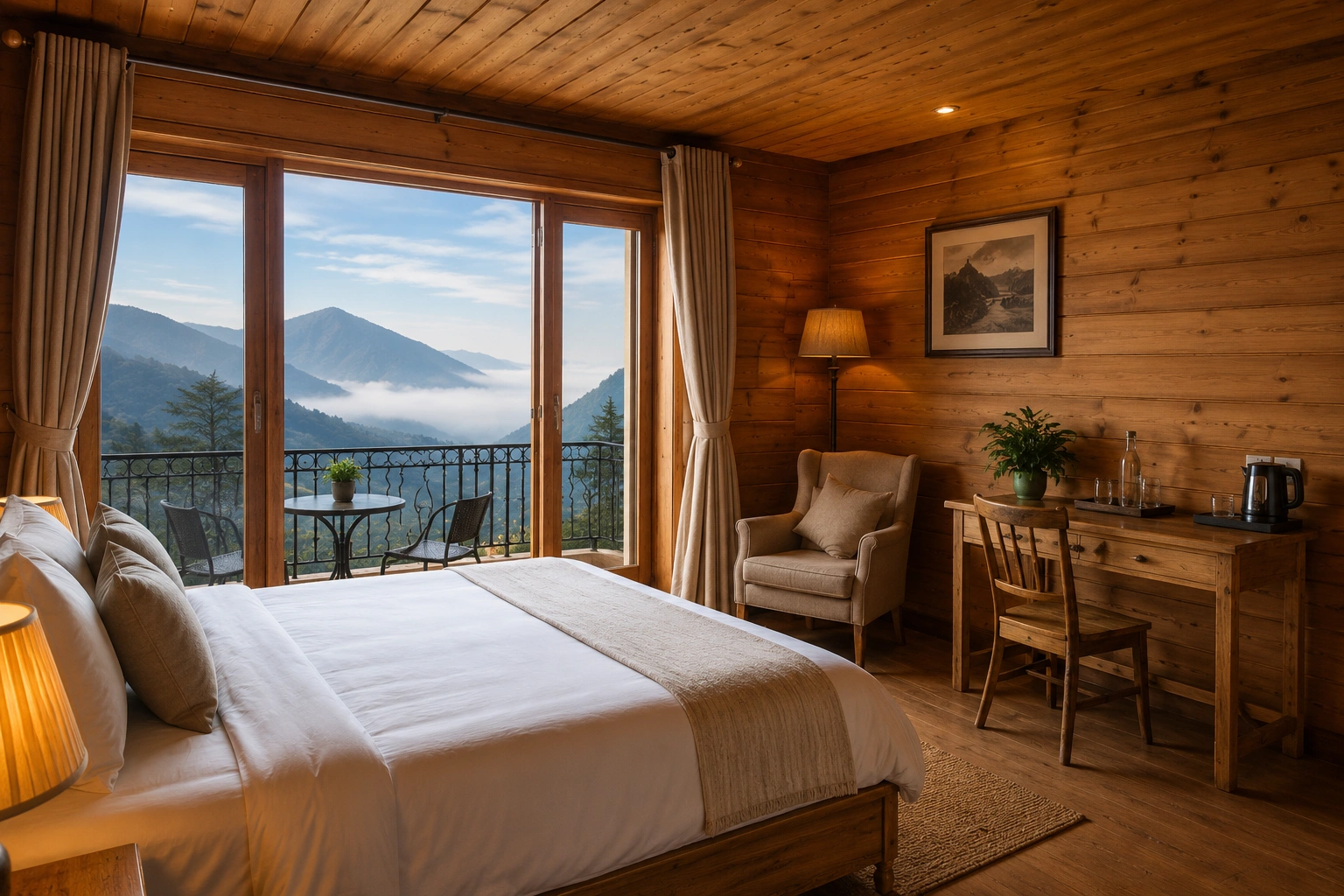 Best Homestays in Mussoorie with a cozy wooden room and mountain views