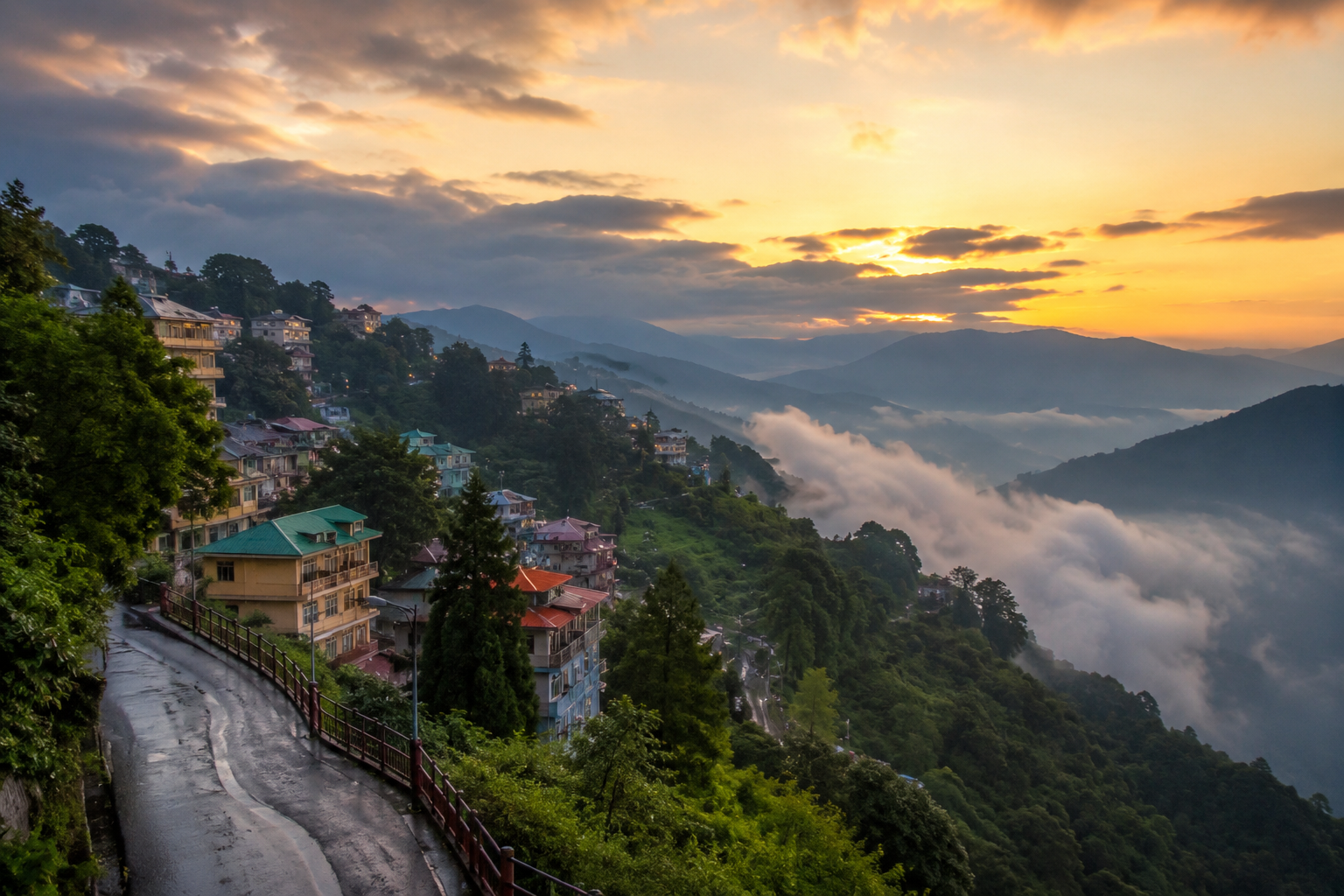 Beautiful mountain view of Mussoorie during the best time to visit with misty hills and scenic landscape.