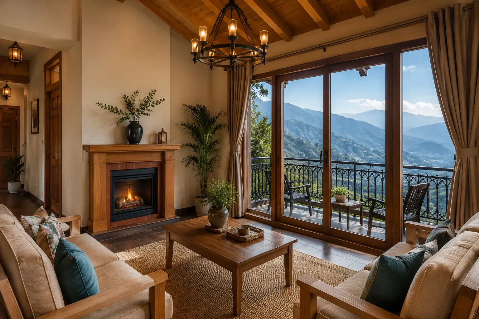 Chalet by The Manor House cozy living room with fireplace and scenic mountain views
