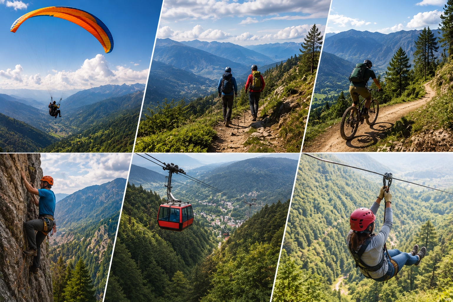 Collage of adventure activities in Mussoorie featuring paragliding, trekking, mountain biking, rock climbing, ziplining, and the Gun Hill Ropeway.