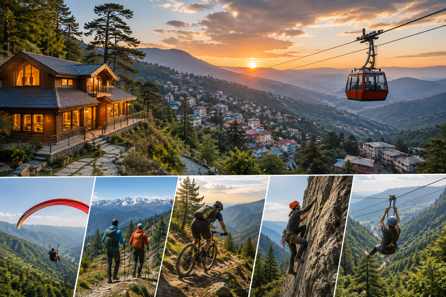 Travelers enjoying adventure activities in Mussoorie, including paragliding, trekking, mountain biking, rock climbing, ziplining, and scenic hill views.