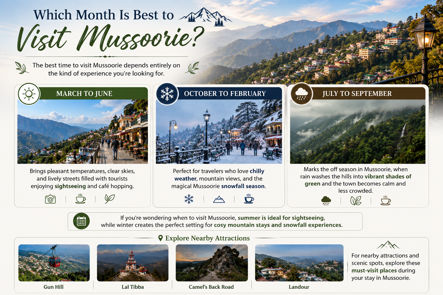 Best Time to Visit Mussoorie, Mussoorie snowfall season, Mussorie weather by month, off season in mussoorie, best time to visit mussoorie