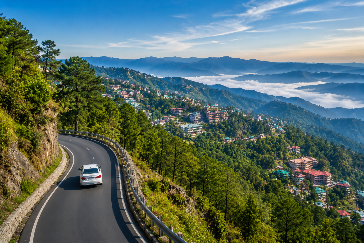 Scenic mountain road connecting Dehradun to Mussoorie with lush green hills and panoramic valley views.