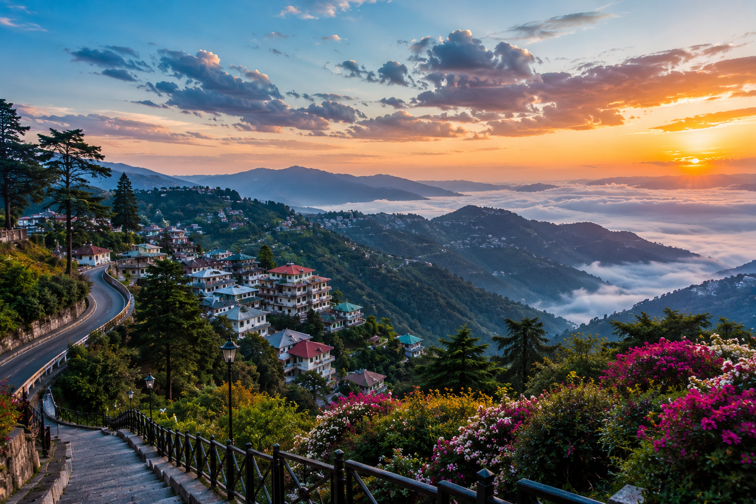 Beautiful sunrise view of Mussoorie with misty valleys, mountain homes, blooming flowers, and clear Himalayan skies.