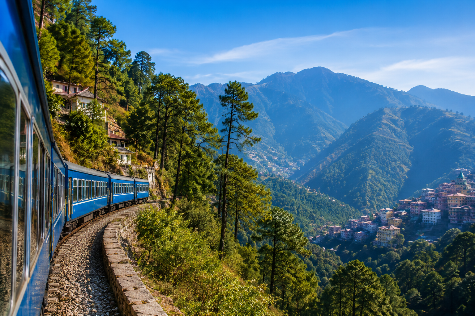 Train travelling through scenic mountains on the route to Dehradun, the nearest railway station for reaching Mussoorie.