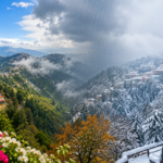 Scenic view of Mussoorie showing different weather seasons, including sunny hills, monsoon clouds, and winter snowfall.