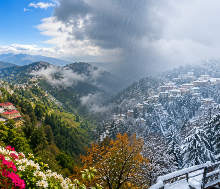 Scenic view of Mussoorie showing different weather seasons, including sunny hills, monsoon clouds, and winter snowfall.