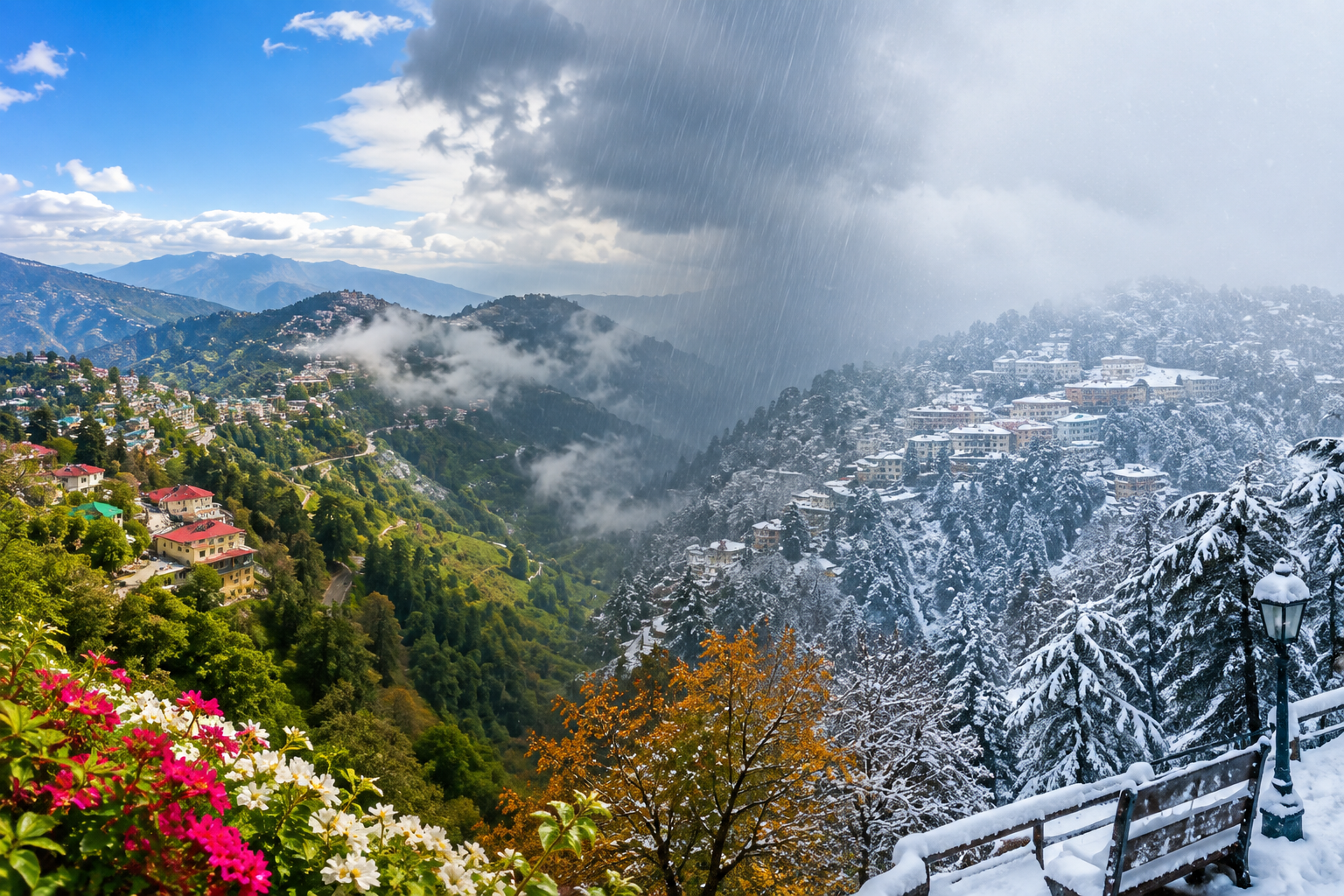 Scenic view of Mussoorie showing different weather seasons, including sunny hills, monsoon clouds, and winter snowfall.