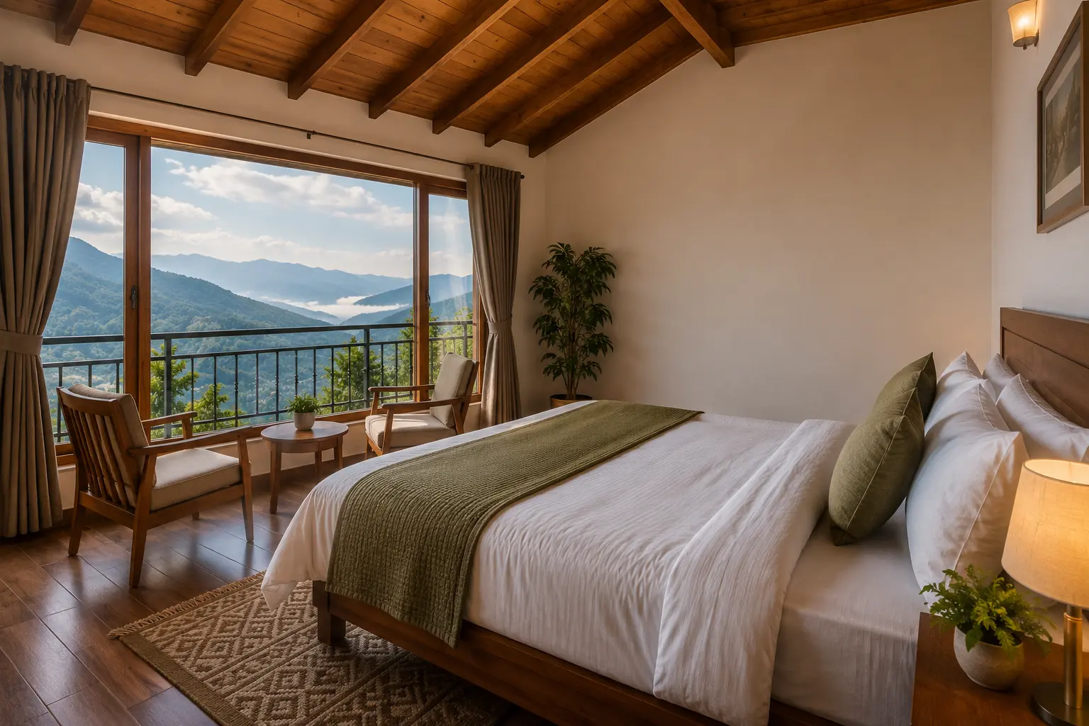 Luxury room with a mountain-view balcony, ideal for travelers looking for where to stay in Mussoorie.