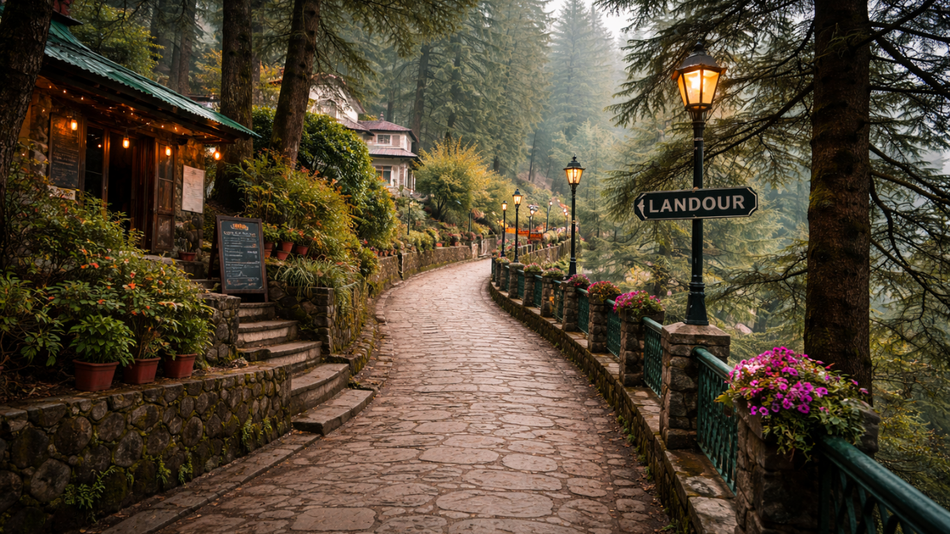 Quiet Landour walkway surrounded by pine trees