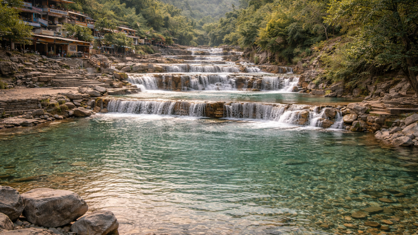 People enjoying Shastradhara waterfall