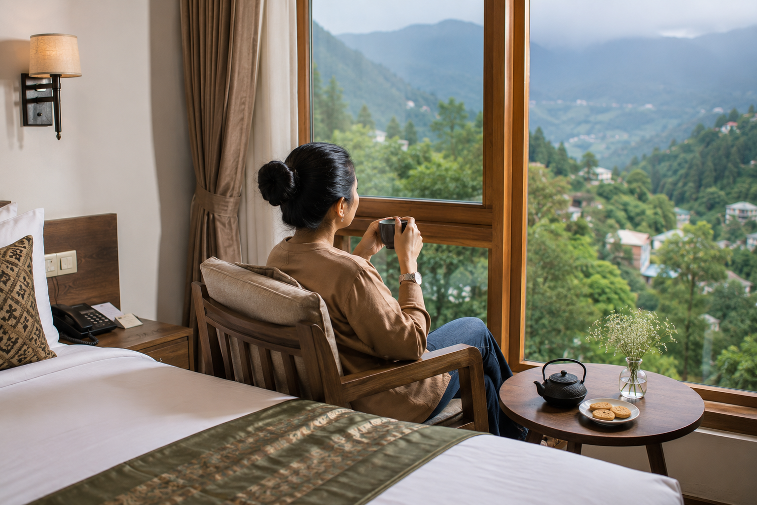 wooden interiors, cozy fireplaces, Himalayan serenity