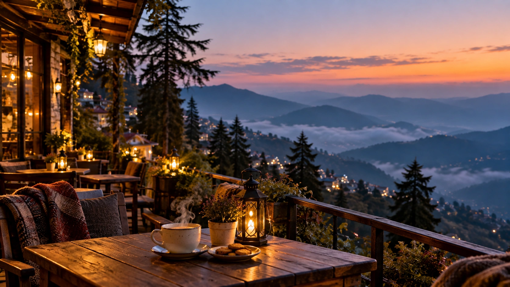 December in Mussoorie with a cosy café and winter mountain view