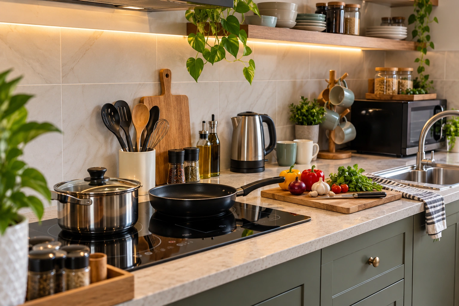 essential cooking appliances in a stay with a kitchen in Mussoorie