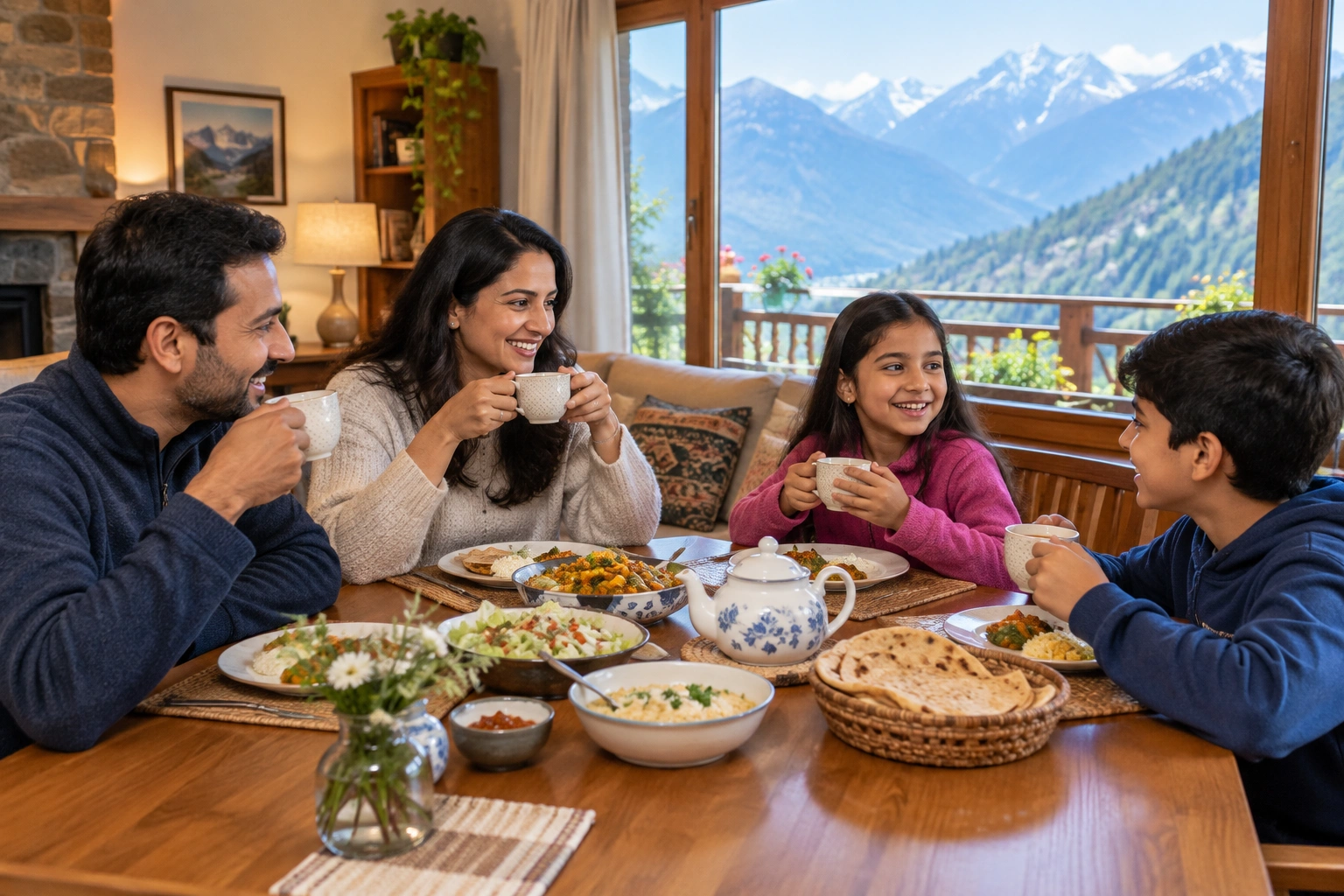 holiday home with kitchen where a family enjoys tea and a meal together with scenic mountain views