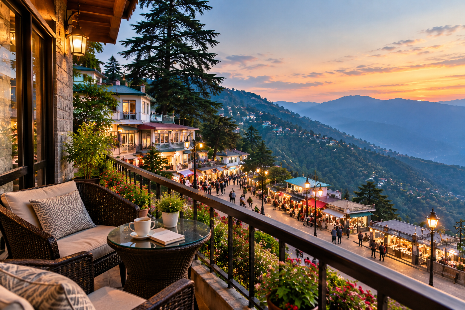 Homestay in Mussoorie Mall Road overlooking the lively street and mountains at sunset