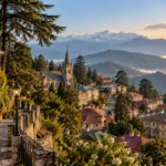 How old is Mussoorie showing old colonial buildings and green Himalayan hills