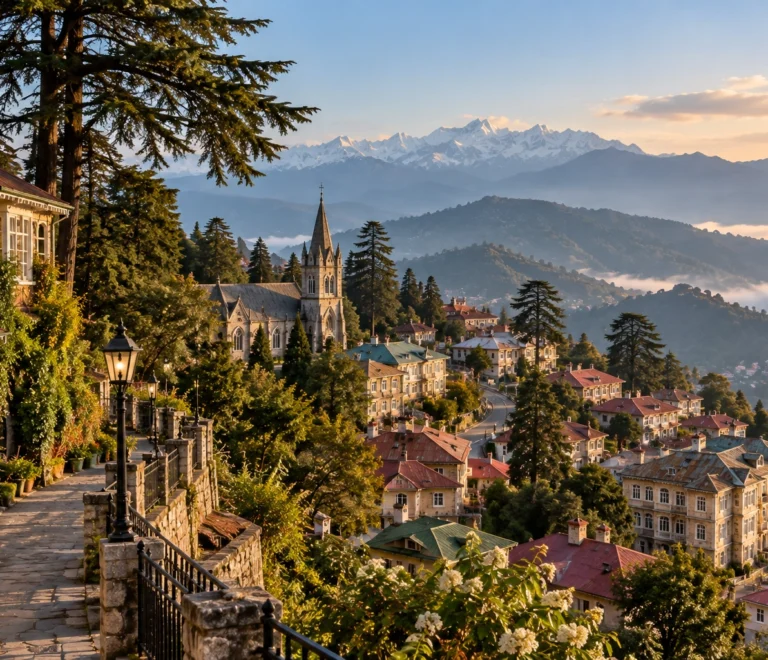 How old is Mussoorie showing old colonial buildings and green Himalayan hills