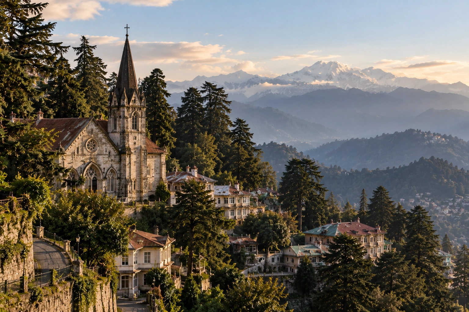 Historic Mussoorie church and hillside buildings surrounded by trees, showing how old is Mussoorie through its colonial-era charm.