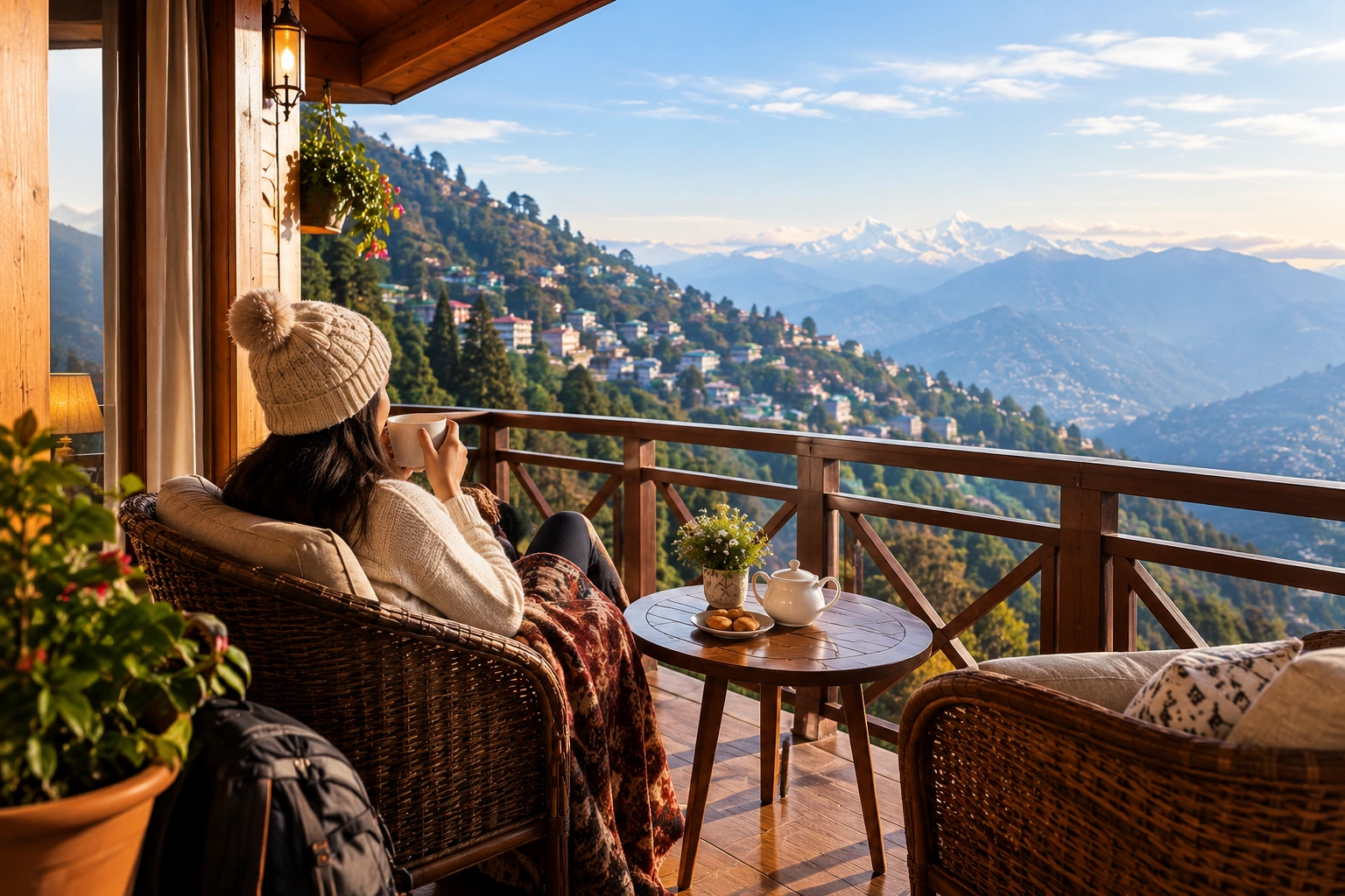 Traveller enjoying tea on a private balcony at a homely accommodation in Mussoorie
