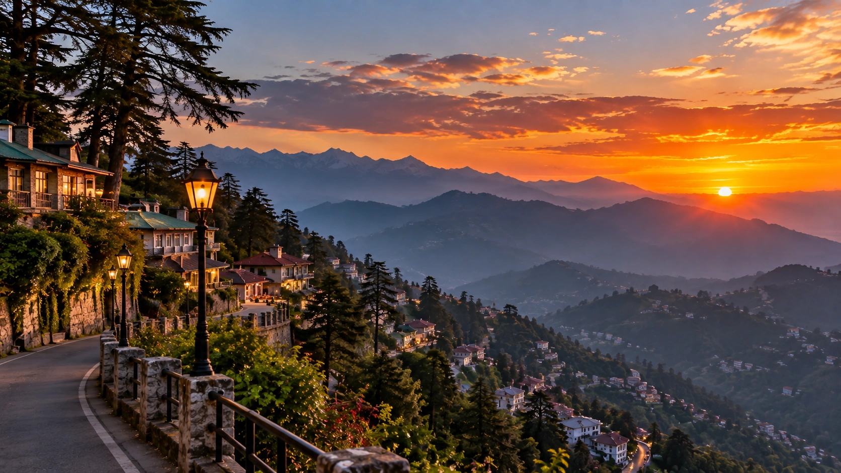 Why Is Mussoorie Called Queen of Hills? Beautiful Mussoorie sunset over layered Himalayan mountains and hillside buildings