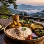 Pahadi food in Mussoorie featuring traditional Uttarakhand dishes, local chutney, dal, rice and mountain-style meals