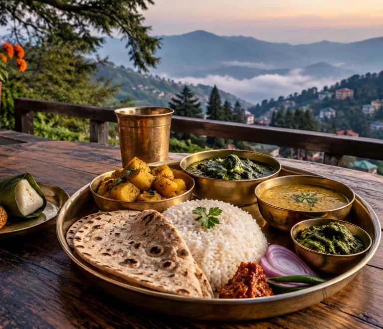 Pahadi food in Mussoorie featuring traditional Uttarakhand dishes, local chutney, dal, rice and mountain-style meals