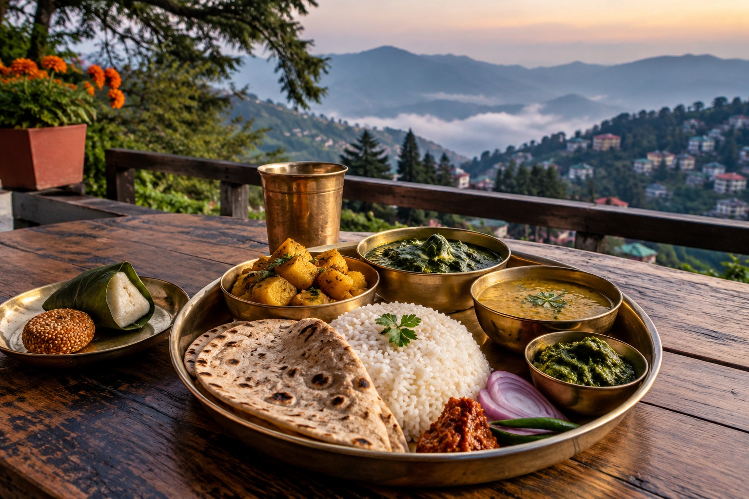 Pahadi food in Mussoorie featuring traditional Uttarakhand dishes, local chutney, dal, rice and mountain-style meals