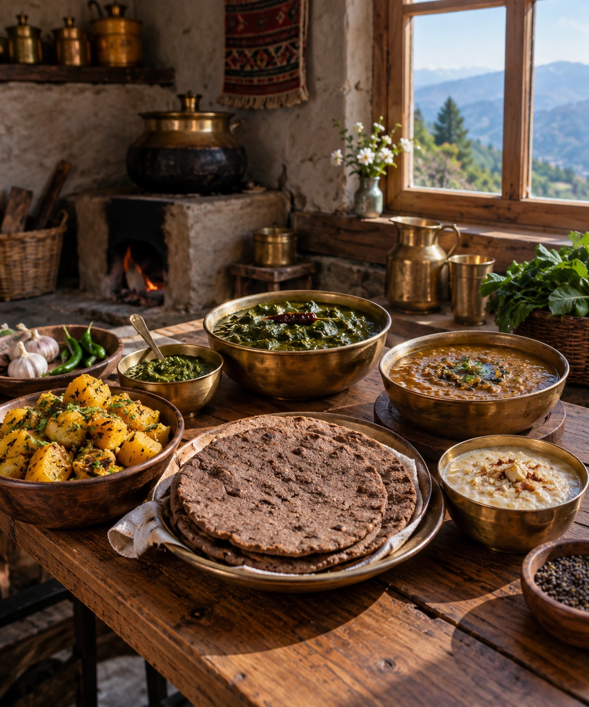Traditional Garhwali meal featuring pahadi food in Mussoorie with Aloo ke Gutke, Kafuli, roti and Bhang ki Chutney