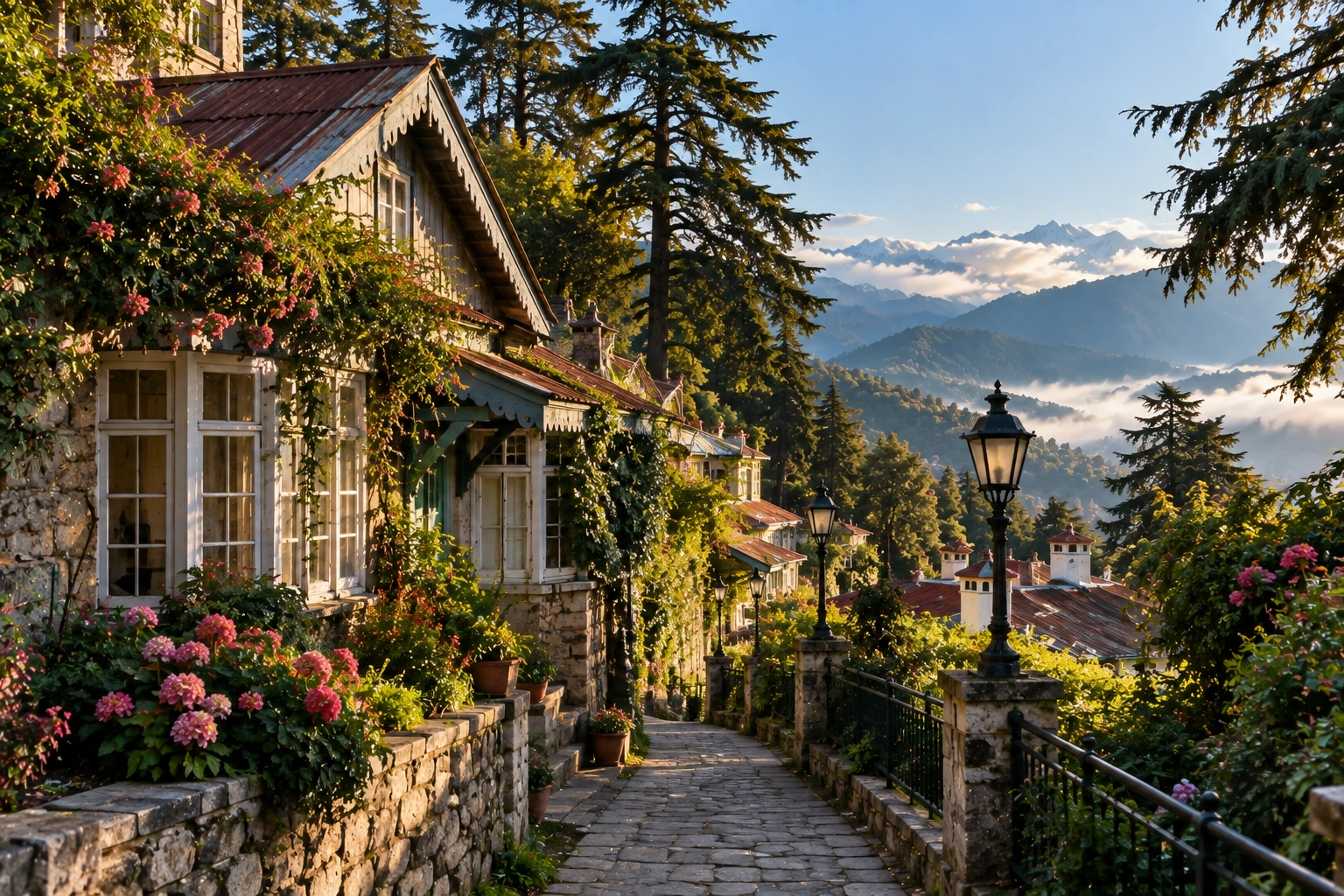 Who founded Mussoorie is reflected in this historic colonial cottage, stone pathway and deodar trees in the old hill town.