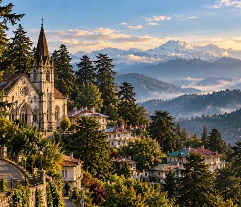 Historic Mussoorie church and old hillside buildings showing the early story of who founded Mussoorie