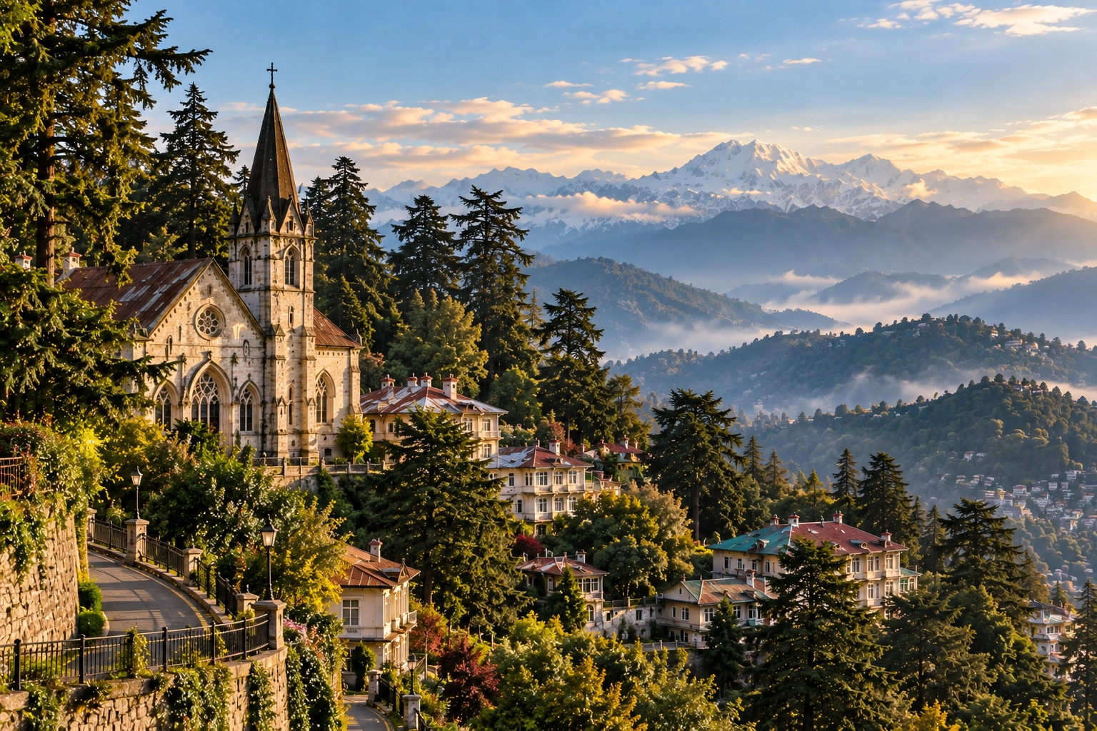 Historic Mussoorie church and old hillside buildings showing the early story of who founded Mussoorie