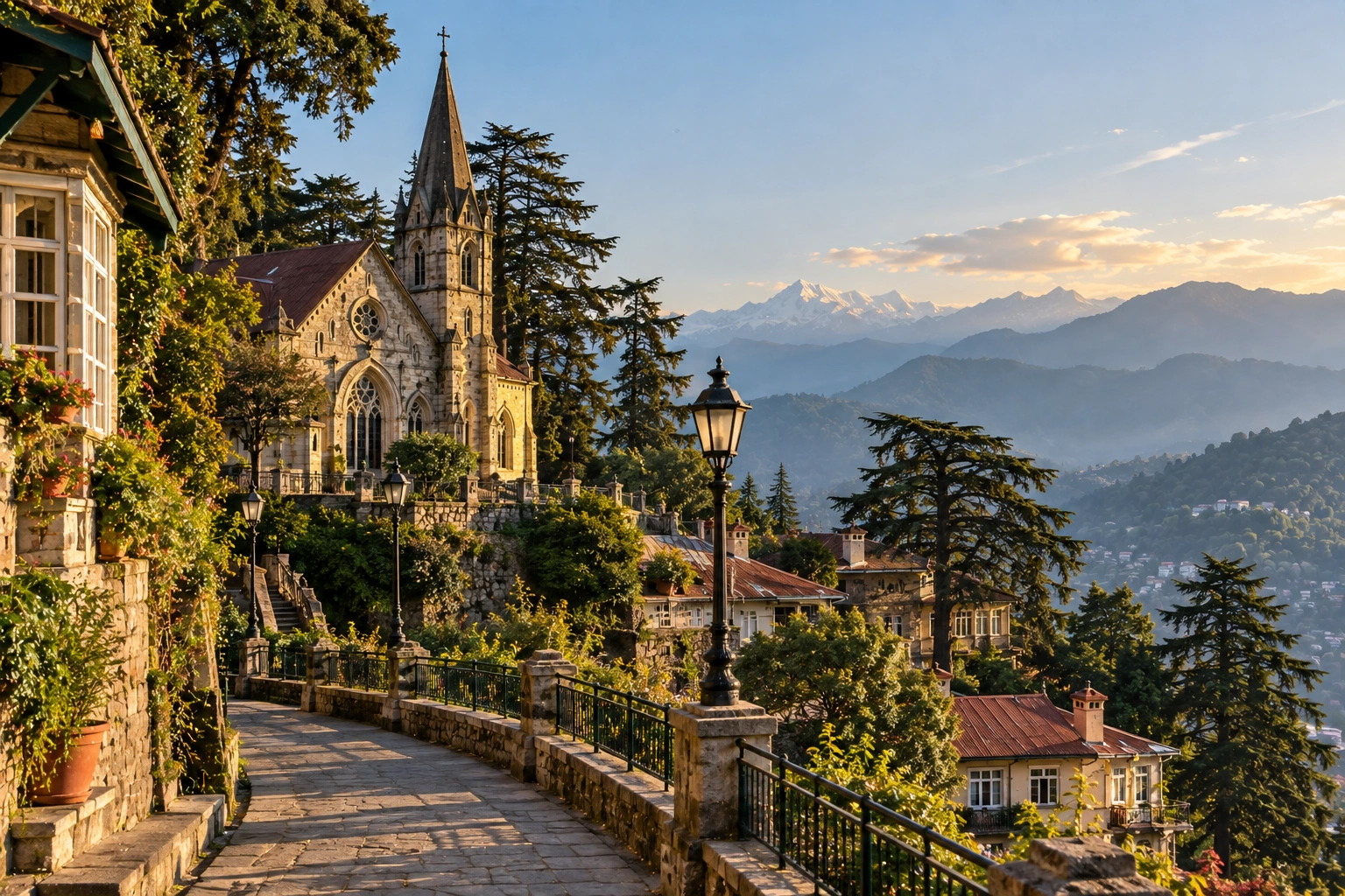 Historic colonial church and old hillside buildings in Mussoorie, reflecting the story of who founded mussoorie and its early heritage.