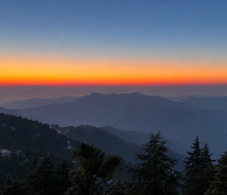 Winterline in Mussoorie visible above the hills during sunset