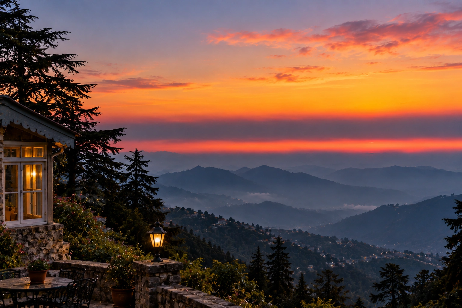 Winterline in Mussoorie glowing above the layered Himalayan mountains during a colourful winter sunset
