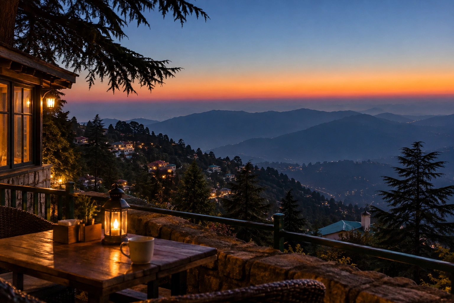Winterline in Mussoorie visible over the hills during sunset